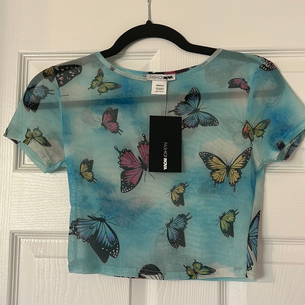 Fashion Nova Sheer Butterfly Crop Top